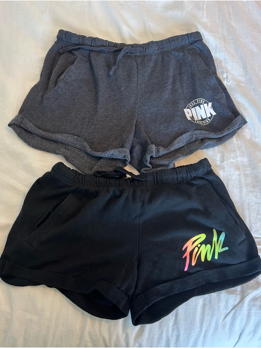 PINK Victoria's Secret Gray and Black Athletic Shorts with Neon Logo